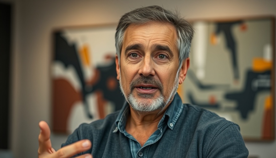 Middle-aged man discusses Threads ads features indoors.