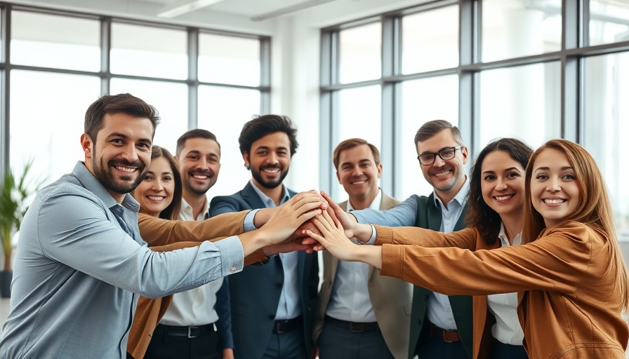 Smiling professionals in office uniting hands for teamwork, developing staff skills
