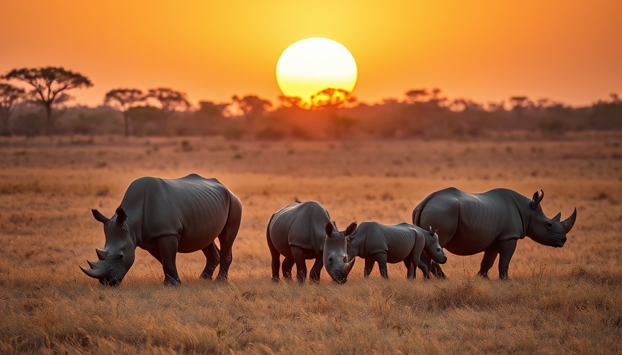 Rhinoceroses grazing in African savannah, highlighting the Rhino Poaching Crisis in South Africa.