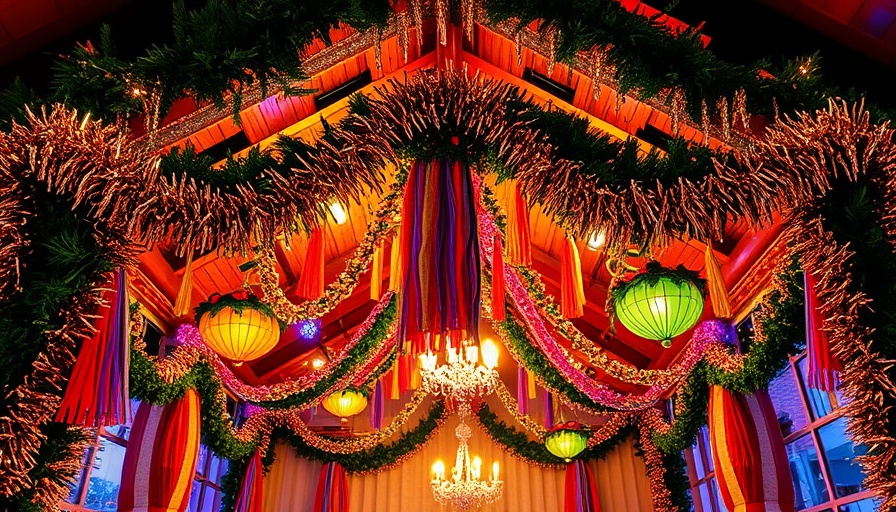 Colorful Sukkah decorated for celebrating Sukkot, tinsel and paper chains.