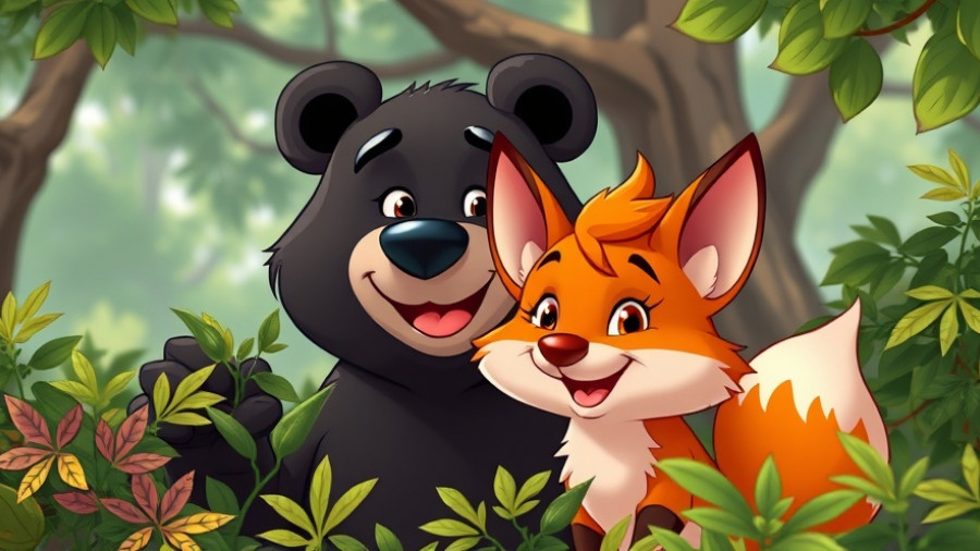 Tipping Robin Hoods cartoon bear and fox in forest foliage.
