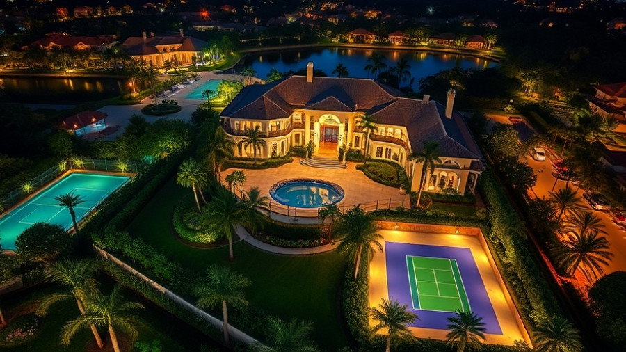 Elegant South Florida luxury real estate with lush landscaping and tennis court.