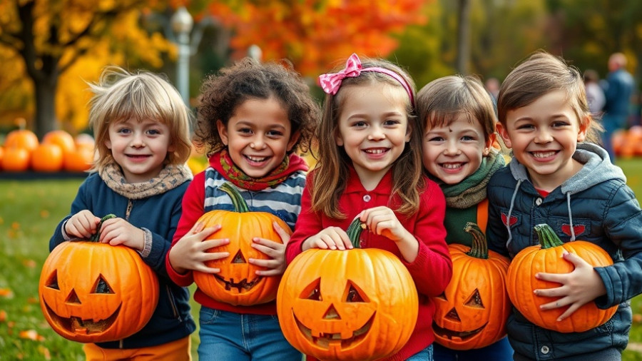 Children at San Bernardino Halloween events in costumes with pumpkin bags.