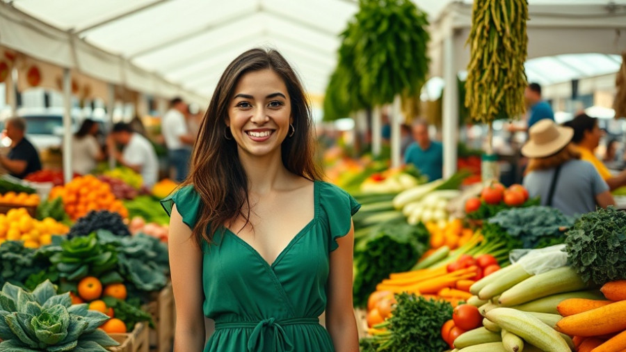 Halal Pastures Greenmarket farmer smiling amid fresh produce stalls.