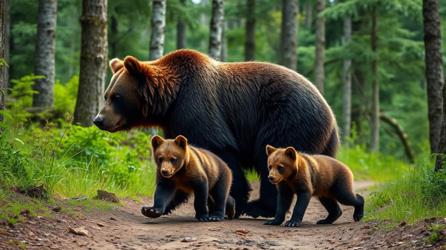 Bear family on forest path, depicting bear encounter safety tips.