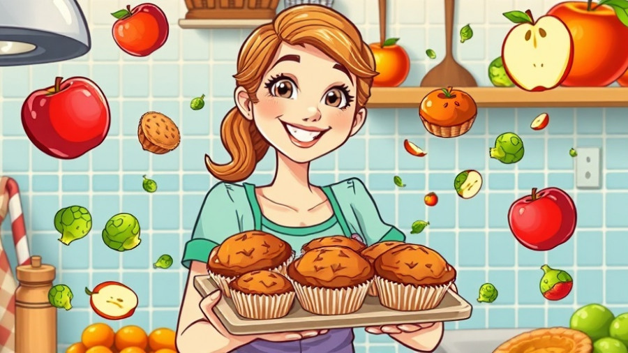 Cartoon illustration of a woman with healthy snacks in a colorful kitchen.