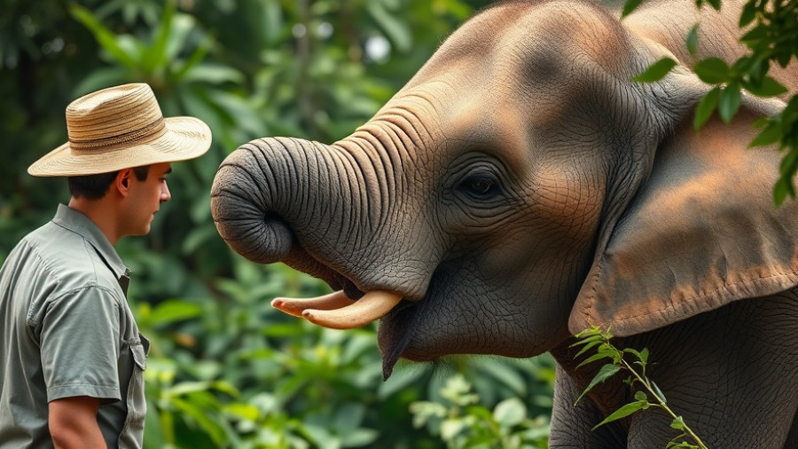 Man affectionately cares for elephant in natural setting, highlighting EEHV vaccine potential.
