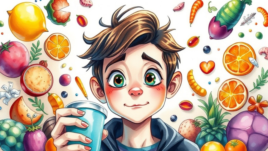 Vibrant portrait of a person with diverse foods, illustrating a food journey.