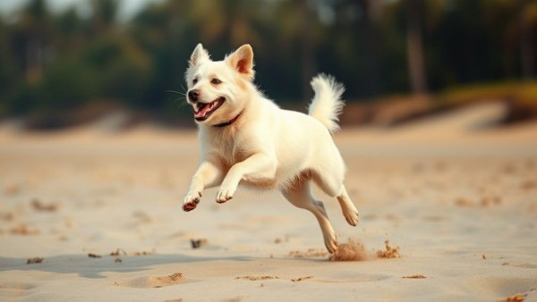Lively white dog jumping on sandy beach, city names for dogs.