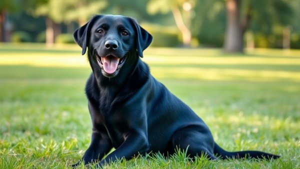 Black Labrador smiling while sitting on grass, benefits of having your dog work for their food.
