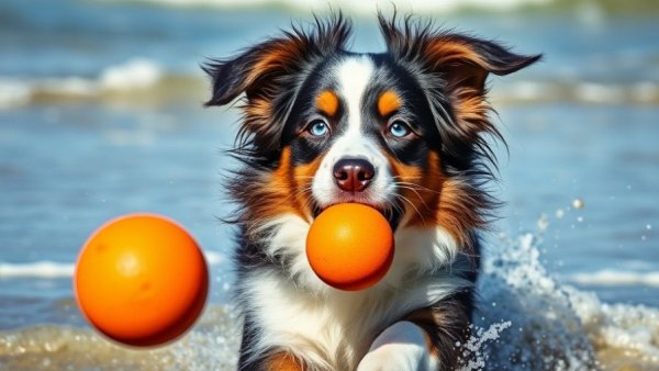 Australian Shepherd playing on the beach, related to summer dog safety tips.