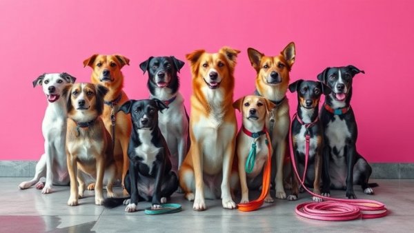 Diverse group of dogs sitting against a vibrant pink wall, Food Inspired Dog Names.