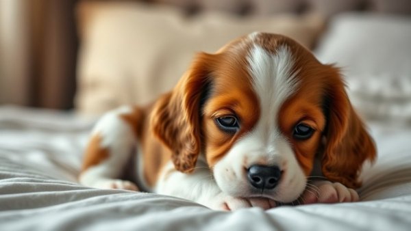 Cavalier King Charles Spaniel puppy relaxing on a bed, teaching dogs to settle.