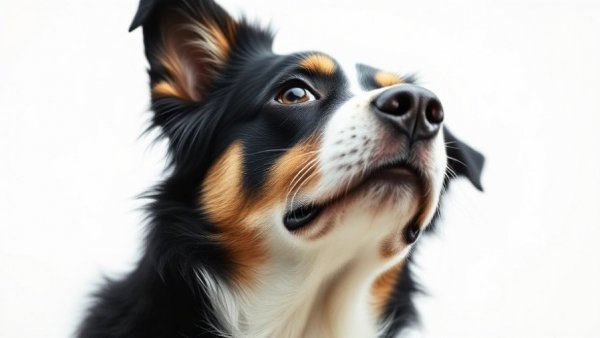 Thoughtful black and white dog laying down, looking curious.