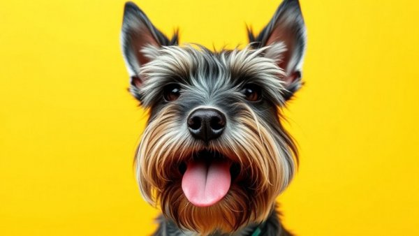 Cute schnauzer playfully licking against yellow background.