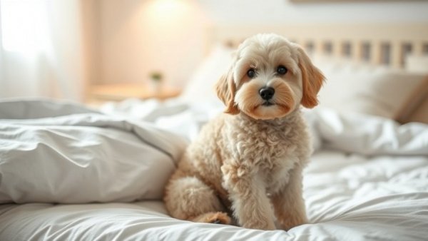 Fluffy Doodle showcasing well-groomed coat, cozy bedroom setting.