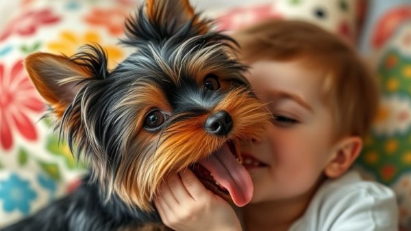 Adorable Yorkshire Terrier interacting with child indoors, highlighting their gentle nature.
