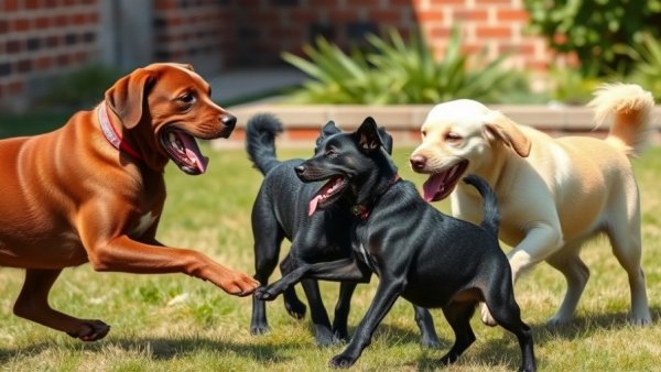 Dogs playfully engaging in a grassy yard, focusing on preventing household dogs from fighting.