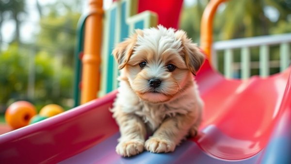 Fluffy puppy on slide representing Velcro dog breeds.