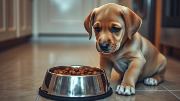 Curious puppy looking at dog food bowl in a kitchen.