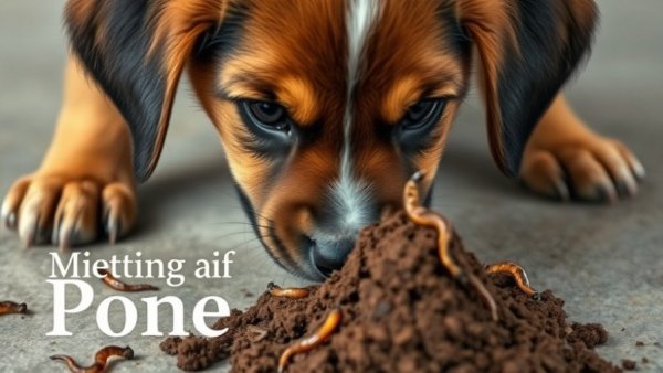 Curious puppy observing poop with worms after deworming.