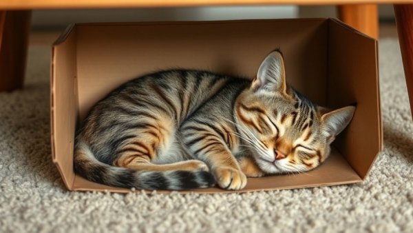Cat napping behavior change shown by a sleeping tabby cat in a box.