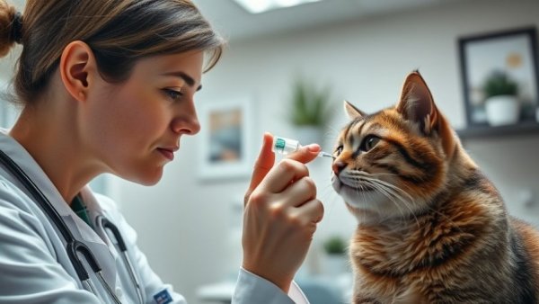 Gentle veterinarian applying over-the-counter herpes treatment to cat's eye.