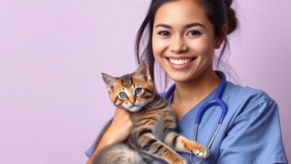 Veterinarian holding a cat on a promotional poster about cat behavior changes.