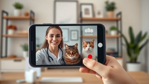 Smartphone showing telehealth vet consultation in a stylish home office.