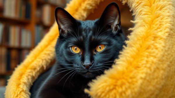 Sleek black Bombay-like cat resting in yellow plush house, amber eyes.