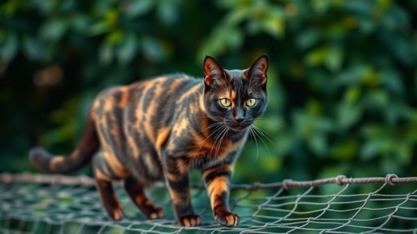 Cat-proof your fence with netting and a tortoiseshell cat.
