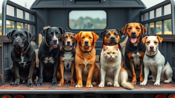 Dogs and Mango the muster cat sitting together on a truck bed.
