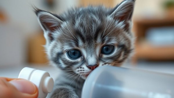 Gray kitten being bottle-fed in a caring situation.