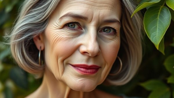 Serene mature woman in leafy background, showcasing natural beauty.