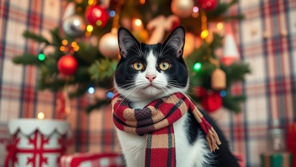 Catster Photo Contest November Winners - charming cat under festive tree.
