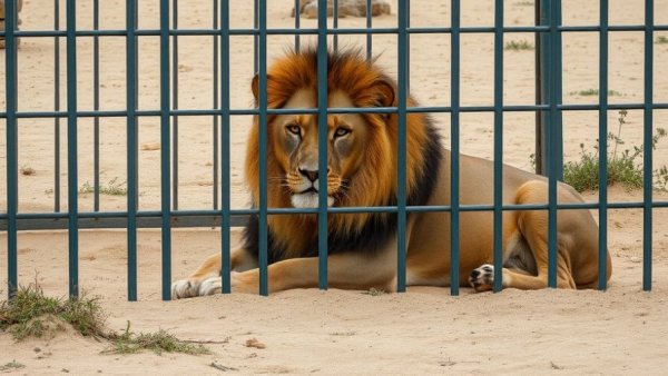 Lion behind cage bars in a zoo, topic: euthanasia of lions in New Zealand.