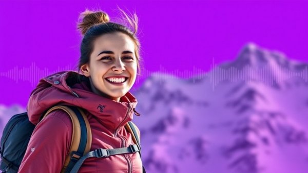 Sheroes of hiking podcast cover with smiling female hiker in snowy mountains.
