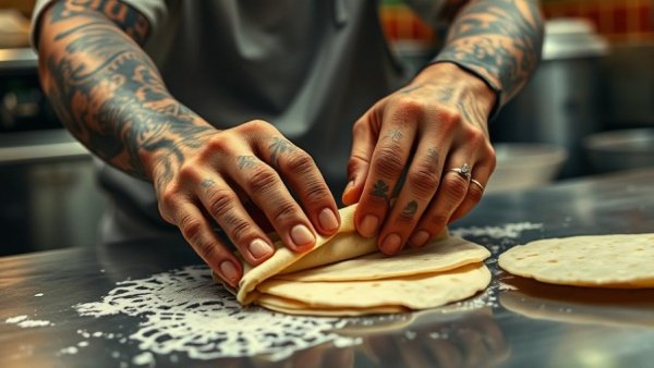 Tattooed hands making Juárez-style burritos in NYC kitchen.