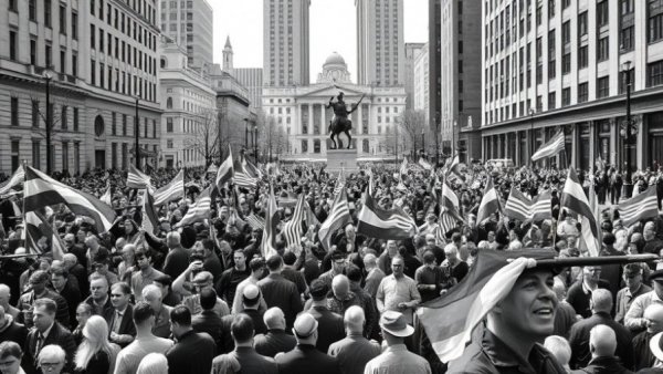 Historic Veterans Day celebration with a large crowd and waving flags.