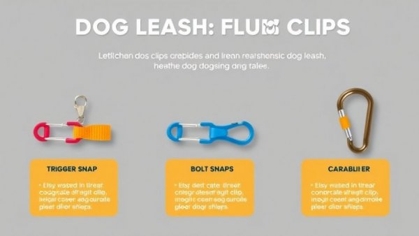 Colorful infographic on dog leash safety clip types: trigger snaps, bolt snaps, carabiners.
