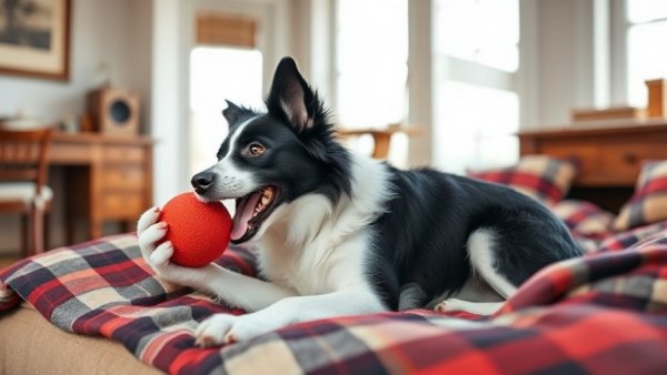 Dog with red ball on bed - back to school essentials for your dog.
