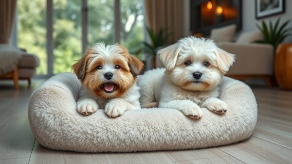 Fluffy dogs relaxing on a plush bed, ideal for new pet owners.