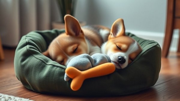 Corgi puppy essentials on a green bed for new pet owners.