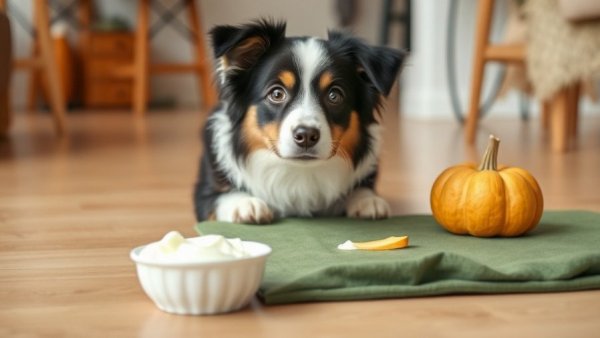 Australian Shepherd looks at a treat-filled green lick mat with Greek yogurt and pumpkin recipes for dogs.