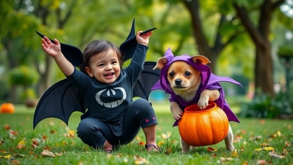 Child and dog in Halloween bat costumes enjoy outdoor fun, promoting Halloween pet safety tips.