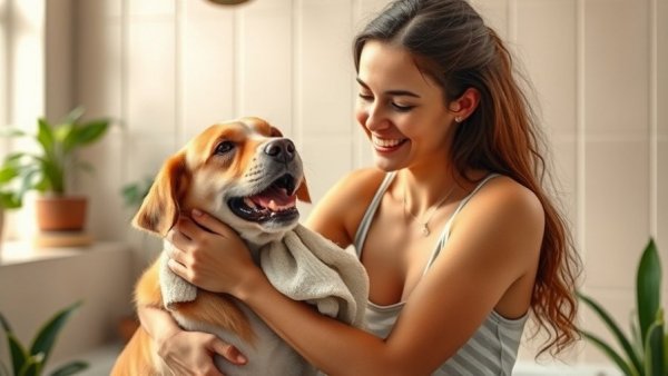 Young woman drying dog, pet care advice - how often should I bathe my dog.