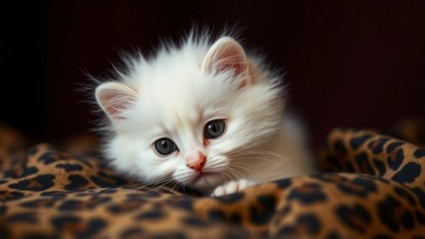 Fluffy white kitten looking curious, resting on leopard print fabric.