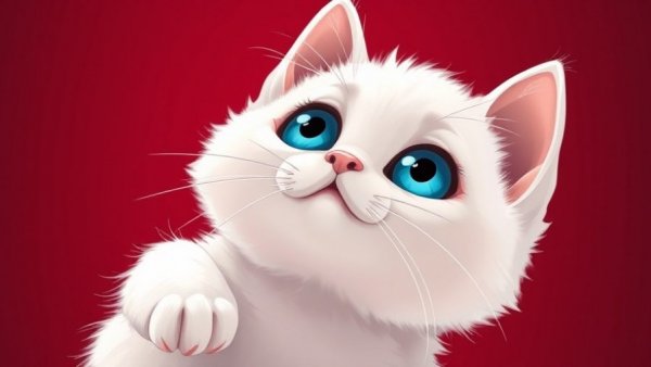 Playful white kitten with blue eyes in cartoon style.