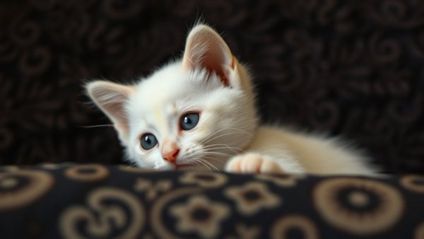 Curious white kitten peering over a soft patterned surface.
