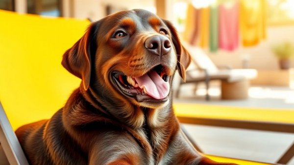 Happy brown labrador relaxing on a lounge chair to prevent pet heatstroke.